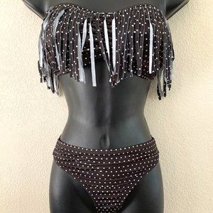 GUESS Polkadot Bikini w fringe Two Piece Strapless Swimsuit size L Retro Western